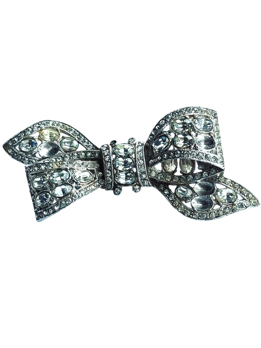Bond Boyd Vintage Silver Tone Clear Rhinestone Ribbon Bow Knot Brooch Pin 2.75”